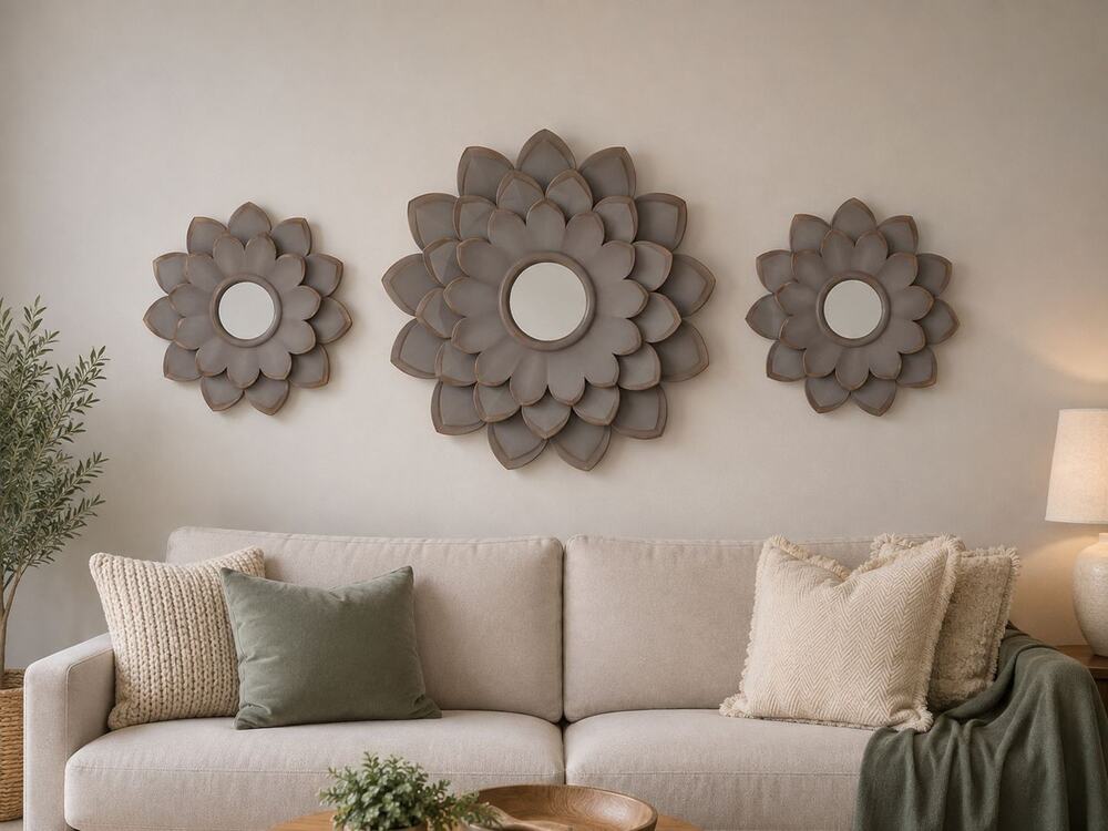 Set of 3 Flower Wall Mirrors Grey Gold Trim 14" & 10" Floral Shabby Chic Decor